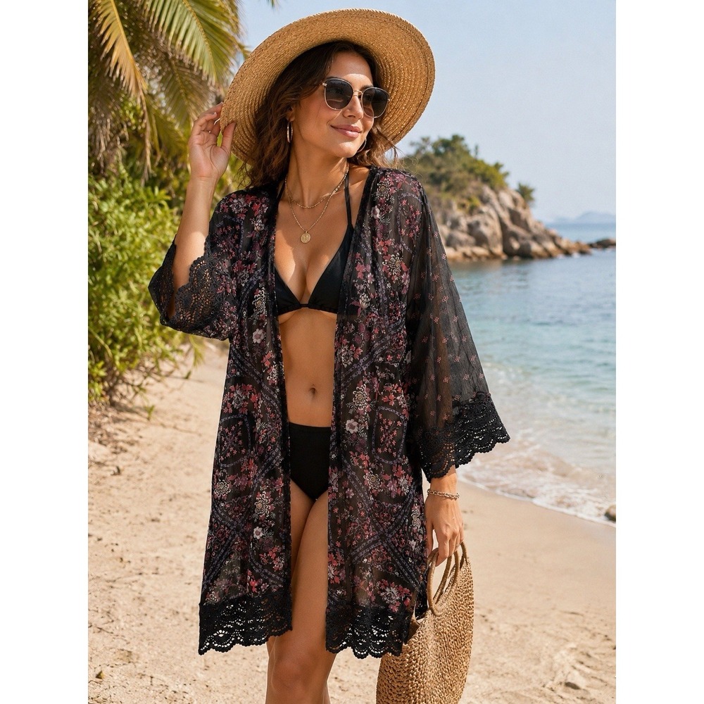 Rewind Kimono Cardigan Women Size M Black Good Floral Crochet Chiffon